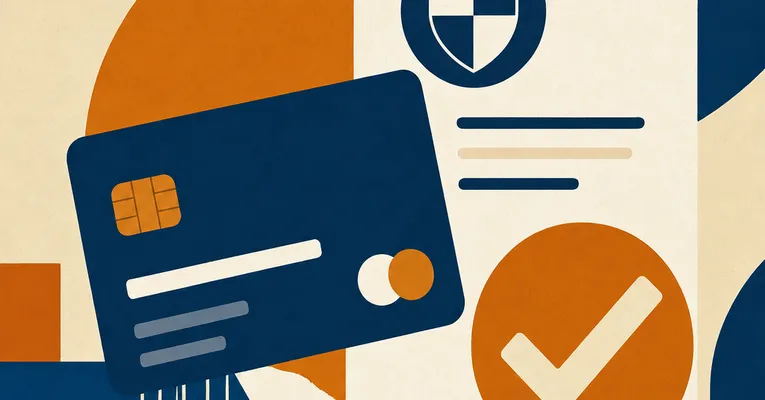 Grafisk illustration av kreditkort, paragrafsymbol och dokument i redaktionell stil