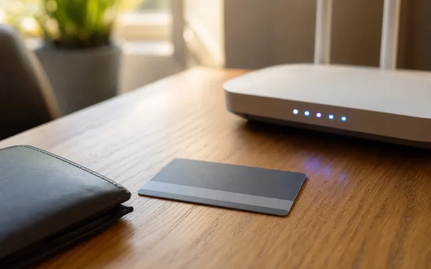 Betalkort och wifi-router på skrivbord, symbol för VPN-förmån kopplad till kort