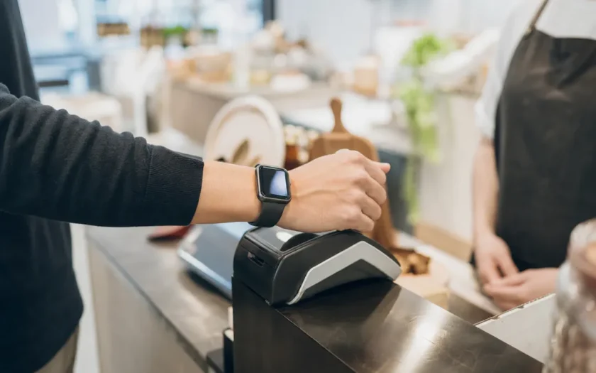 Samsung Galaxy Watch hålls mot betalterminal för kontaktlös betalning