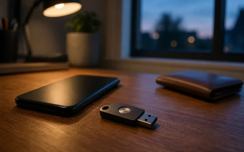 Fysisk säkerhetsnyckel och mobiltelefon på skrivbord som symbol för passkeys