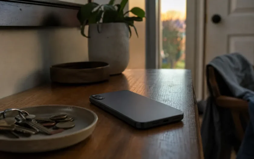 Mobiltelefon på ett hallbord, symbol för uppkoppling utanför VPN-skydd