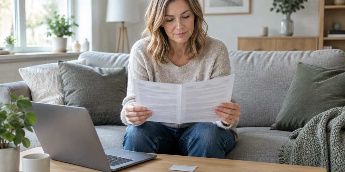 Kvinna i soffan läser igenom en utskriven standardiserad kreditinformation innan hon ansöker om kreditkort