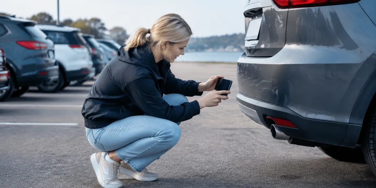Person fotograferar en repa på stötfångaren på en hyrbil med mobilen