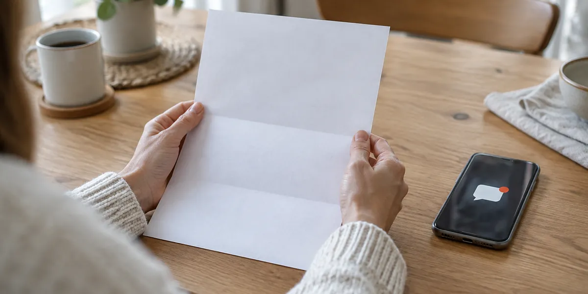 Brev med en kopia av en kreditupplysning bredvid en mobil med ett sms om upplysningen